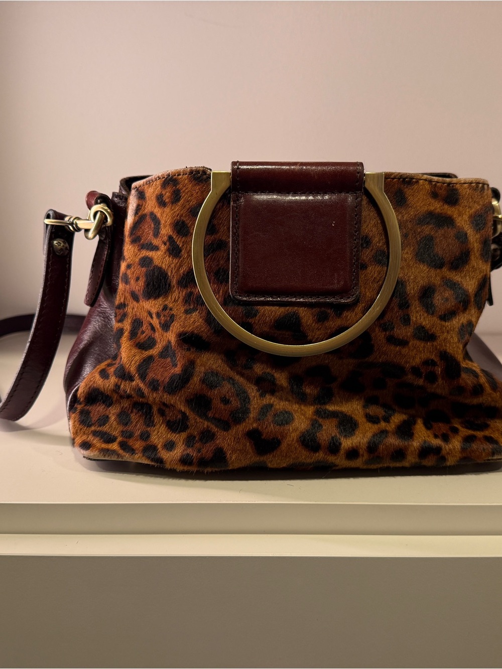 Patricia Nash Leopard-Print Crossbody with Gold Ring and Brown Leather